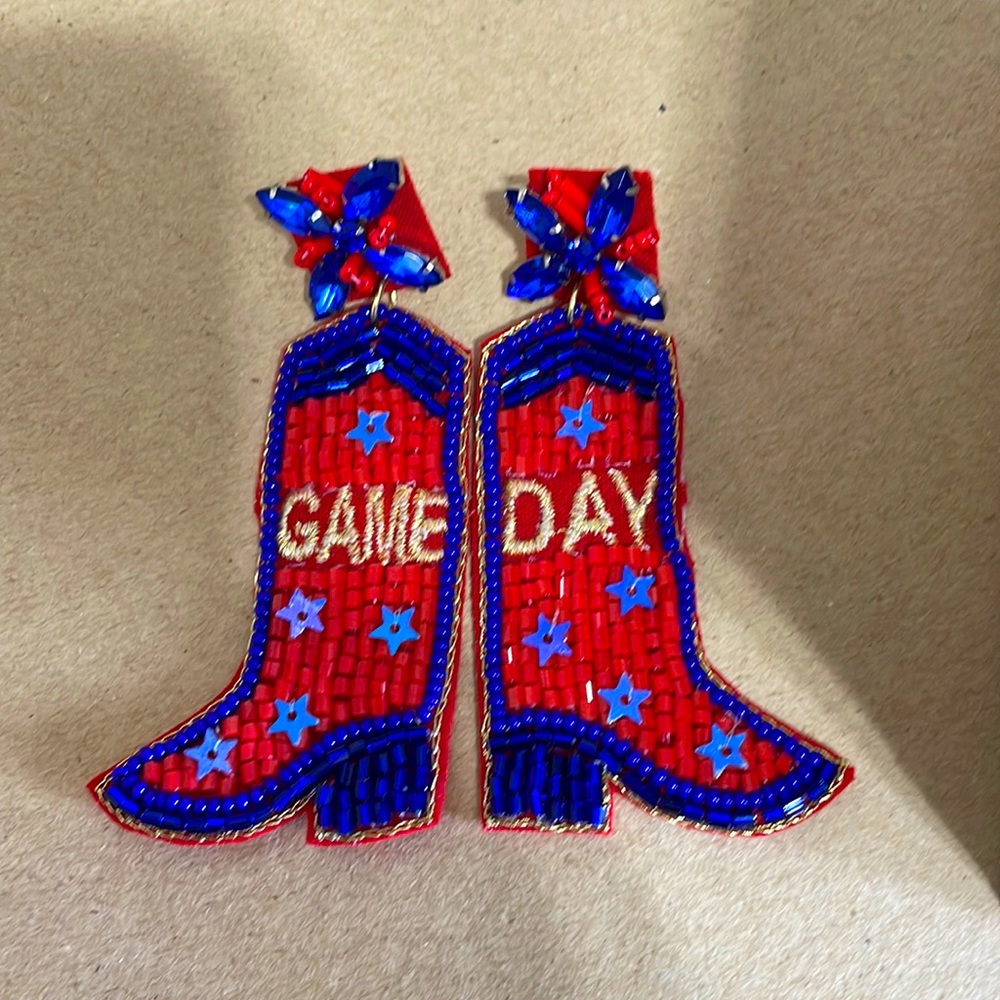 🎉❤️ Red Blue Game Day Boot Earrings Ole Miss